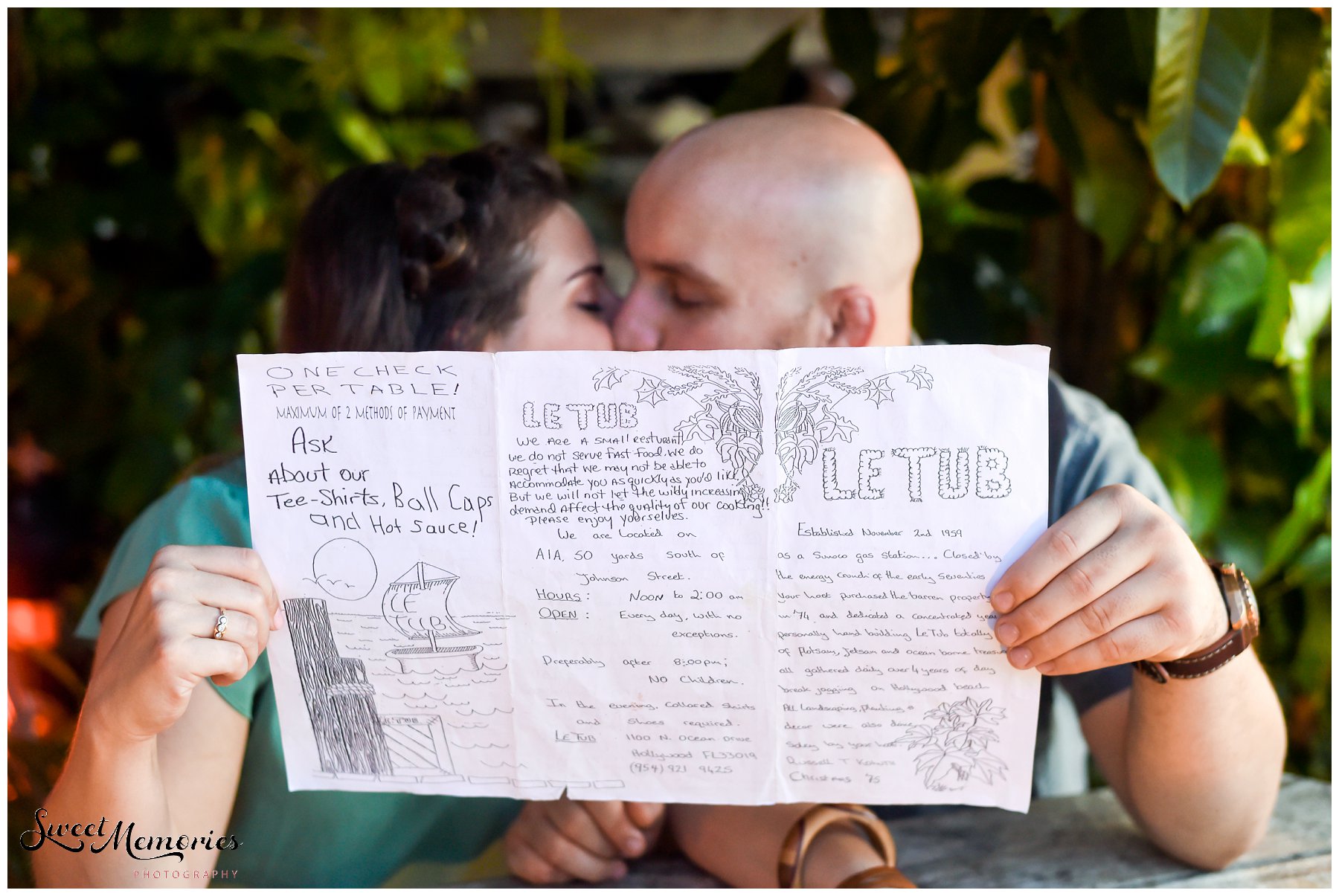 A quirky Hollywood engagement session at Le Tub in South Florida, filled with yummy food, a fun couple, and a beautiful sunset. | Wedding Photographer 