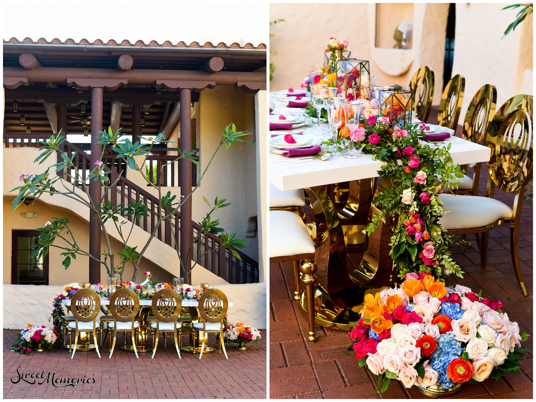 Vibrant floral arrangements, luxurious gold details, a sparkling bridal gown…and a cozy lounge area with a magic carpet! This styled shoot is the perfect nod to Disney’s Aladdin.