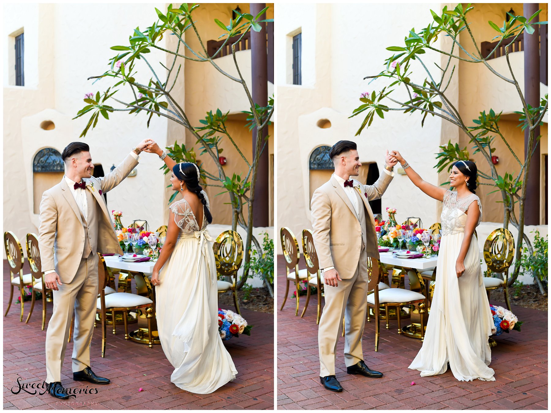 Vibrant floral arrangements, luxurious gold details, a sparkling bridal gown…and a cozy lounge area with a magic carpet! This styled shoot is the perfect nod to Disney’s Aladdin and this Aladdin inspired wedding.