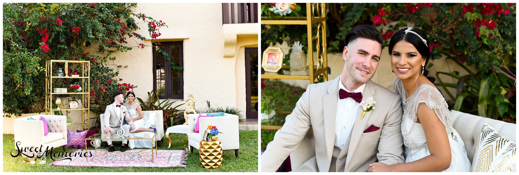 Vibrant floral arrangements, luxurious gold details, a sparkling bridal gown…and a cozy lounge area with a magic carpet! This styled shoot is the perfect nod to Disney’s Aladdin and this Aladdin inspired wedding.