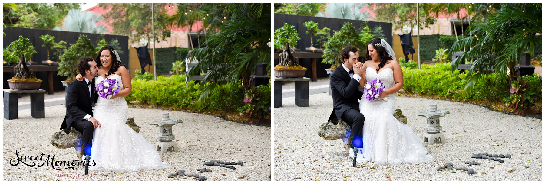 Tropical yet classic, Janice and Michael's Living Sculpture Sanctuary wedding in Davie was the perfect mix of romantic, hilarious, fun, sweet, and chic! After having met at a restaurant, his persistence, and a romantic proposal at the Flamingo gardens, they are now ready to tie the knot!