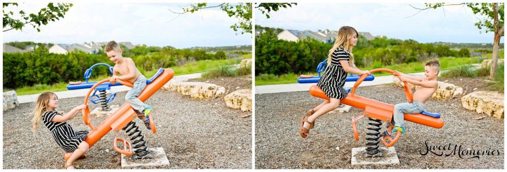 Having a great time together, playing on the playground.