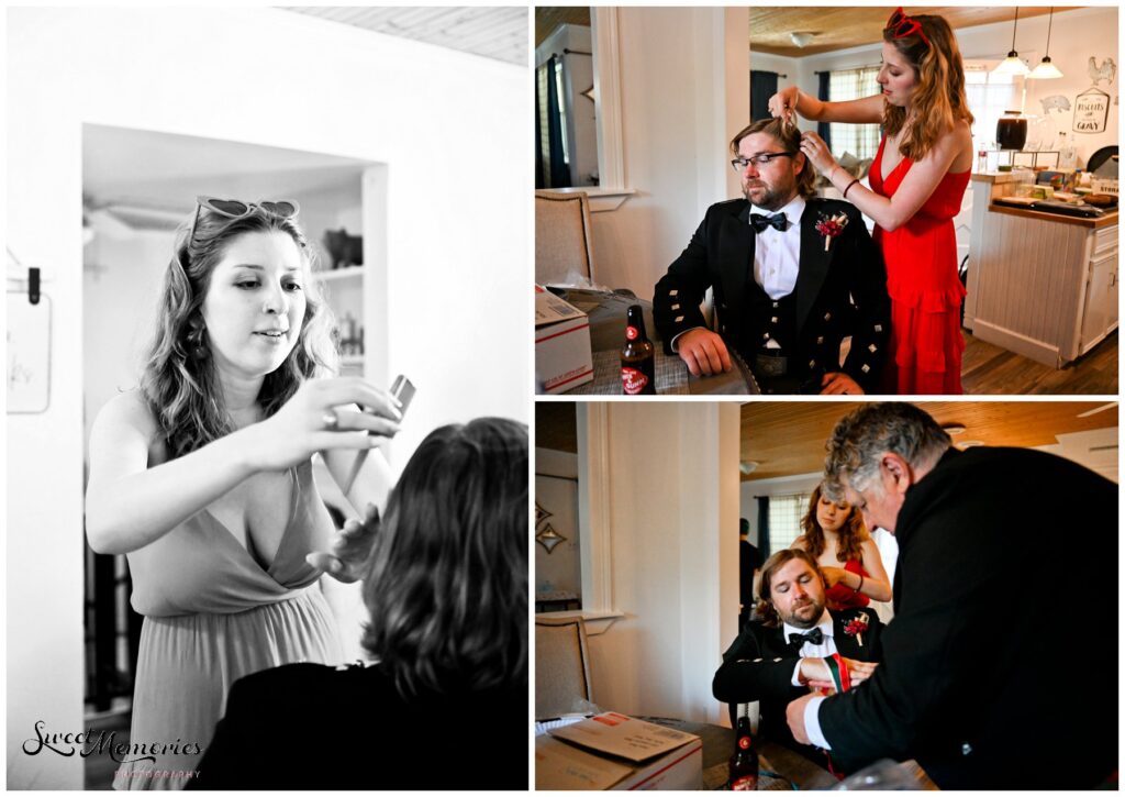 The groom's sister did his hair while the dad prepared the ribbon for the handfasting ceremony.