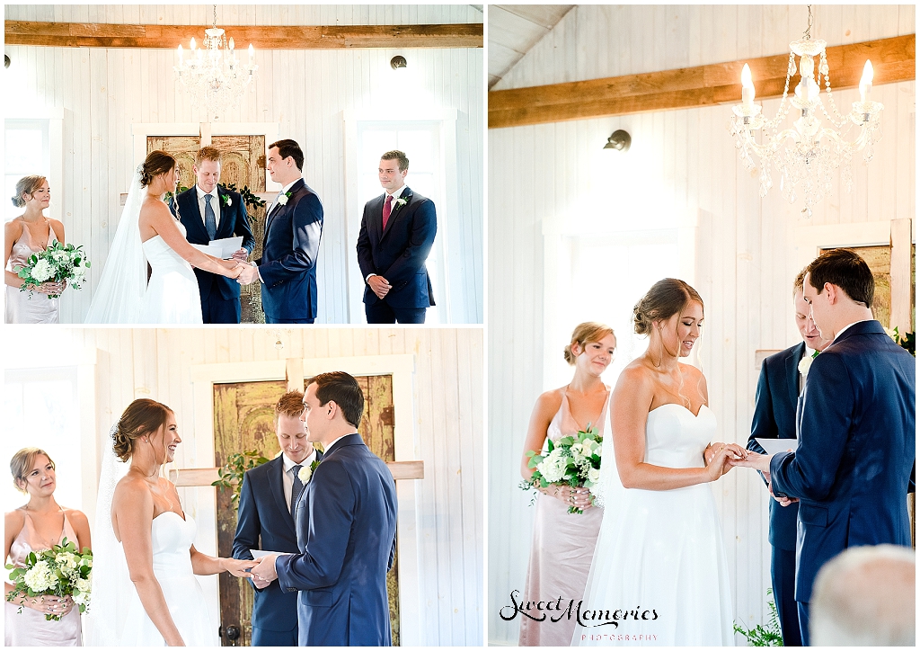 Saying their wedding vows and exchanging rings.