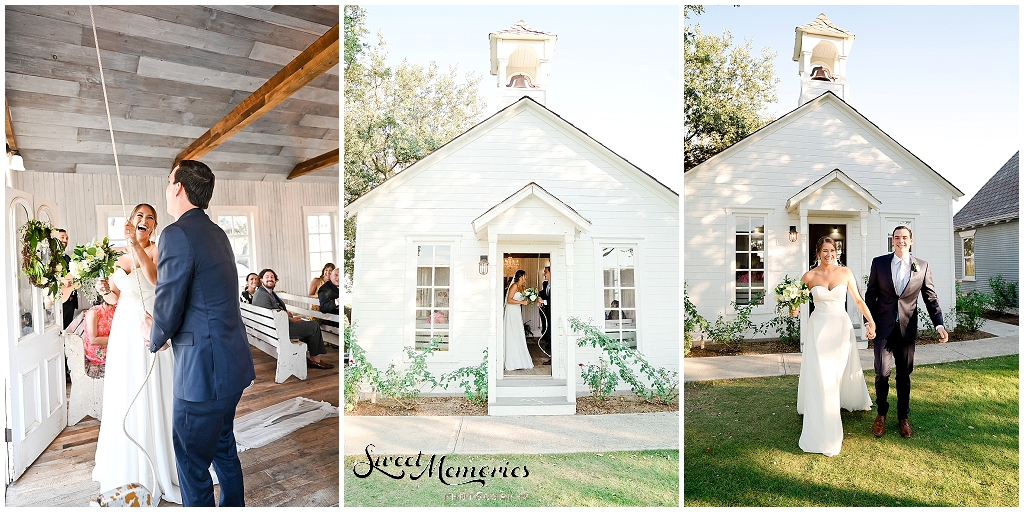 The married couple rang the bell at the Star Hill Ranch chapel and exited as husband and wife | Dripping Springs wedding