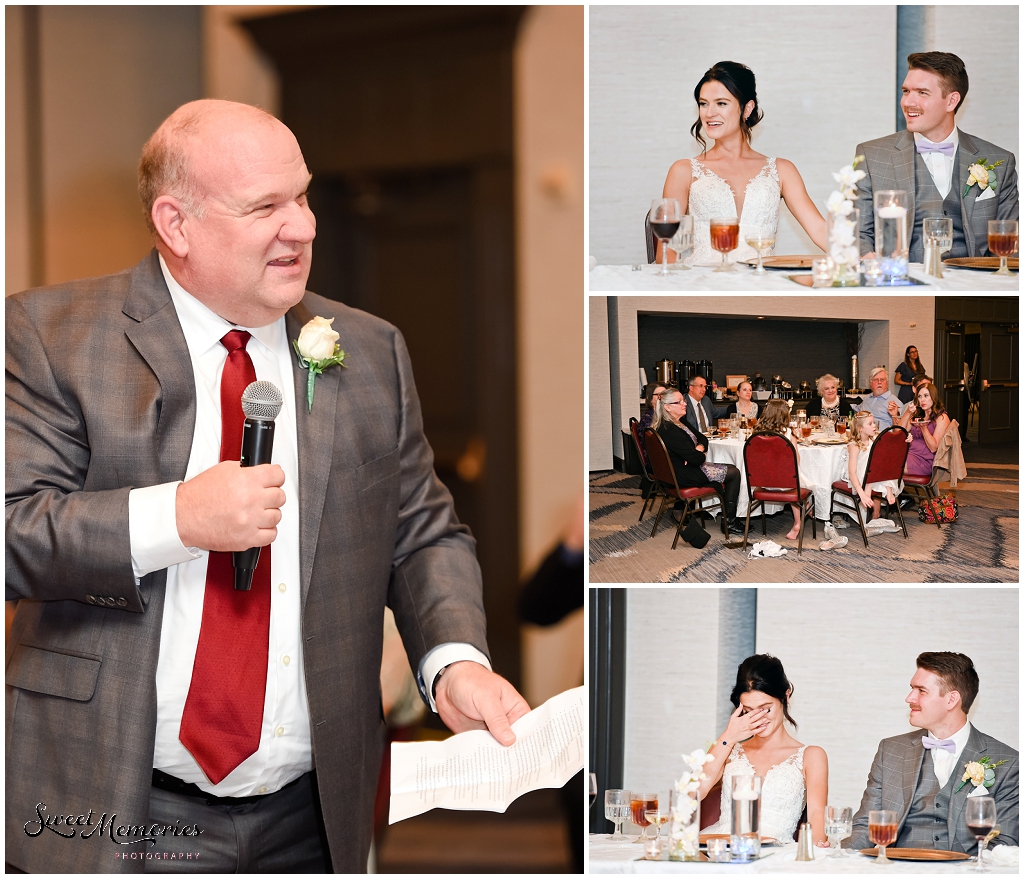 The father takes the stage and gives a toast to the happy couple.