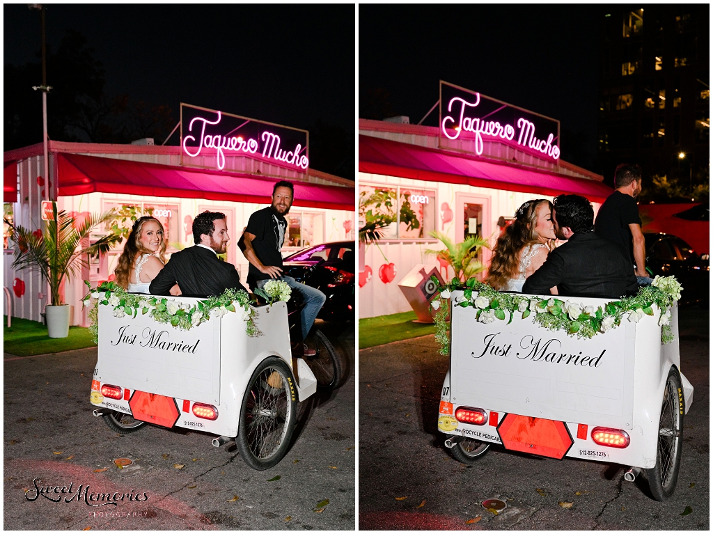 The bride and groom head to the Austin Proper Hotel in their pedicab.