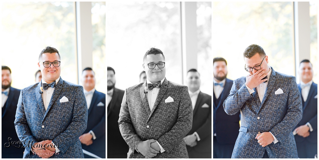 The groom crying after seeing his bride for the first time.