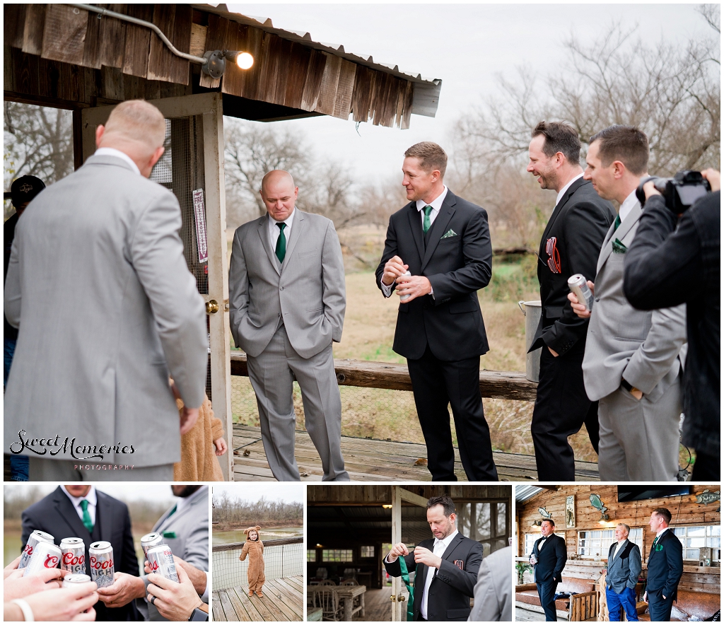 The groom and groomsmen getting ready for the Moon River Ranch Wedding 