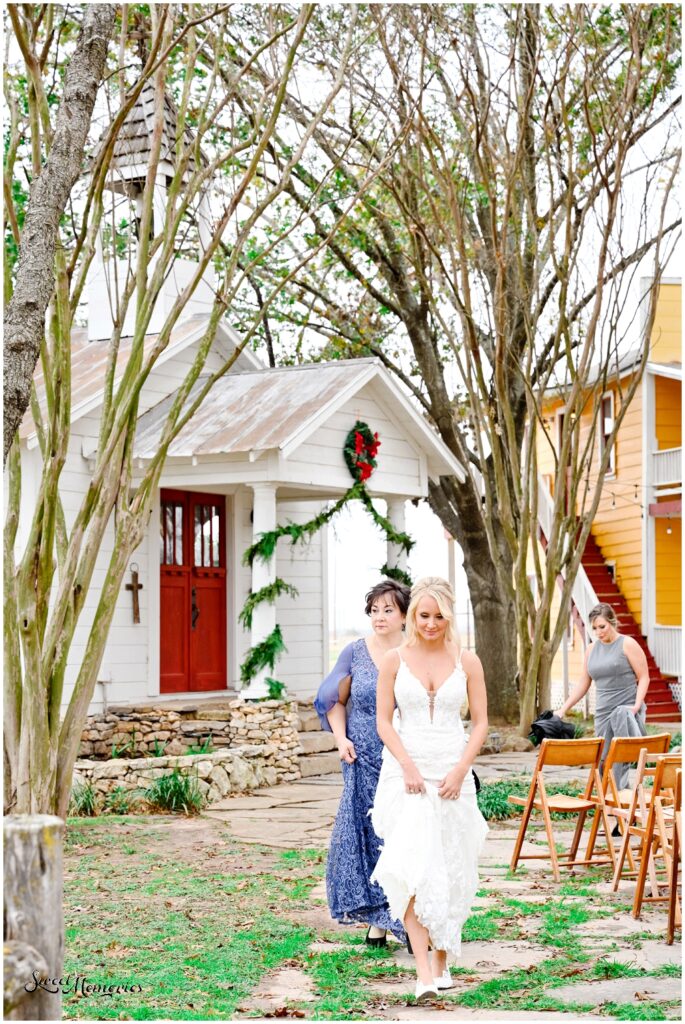 The bride walking to do the first look with her groom