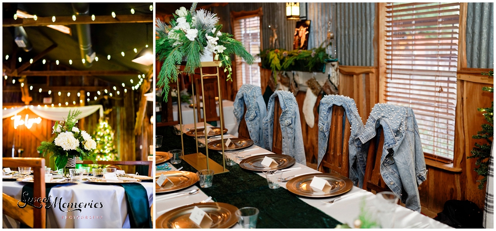 Wedding reception details and matching jean jackets for the bridesmaids