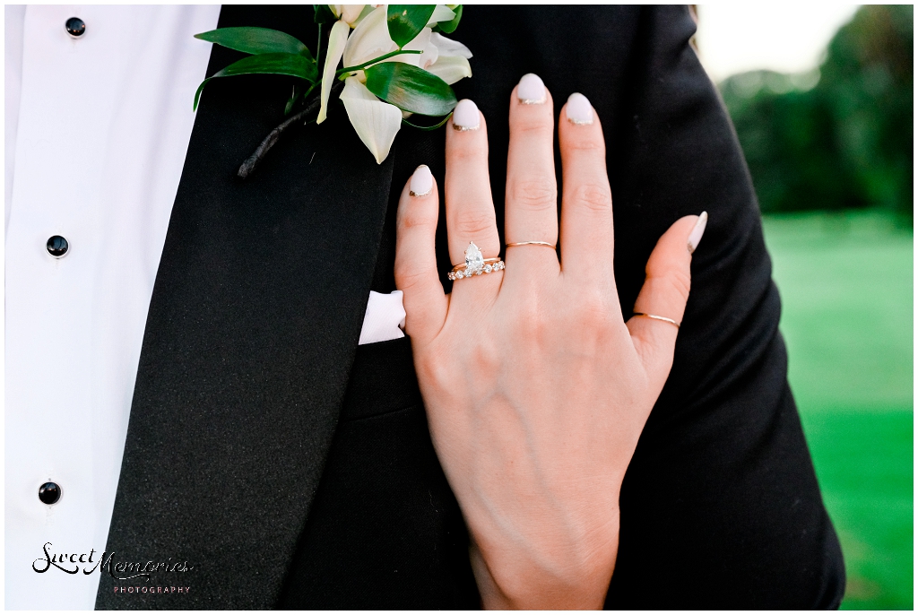 A close up shot of the bride's rings