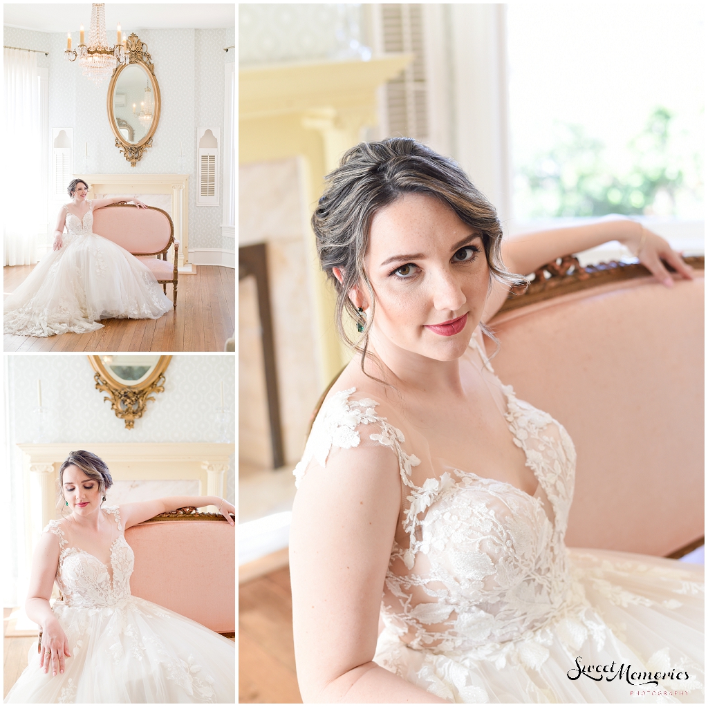 Kirsten sitting on the couch, looking gorgeous in her gown