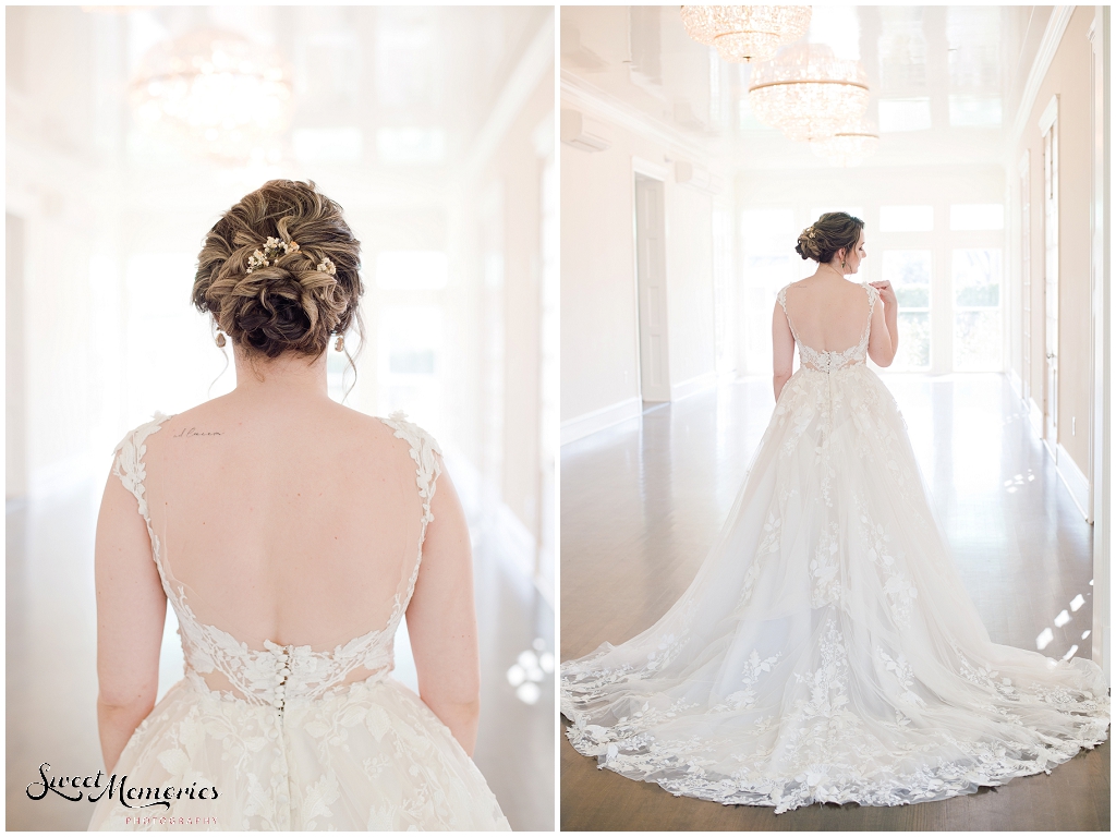 Details of the bride's hair and the back of her gown