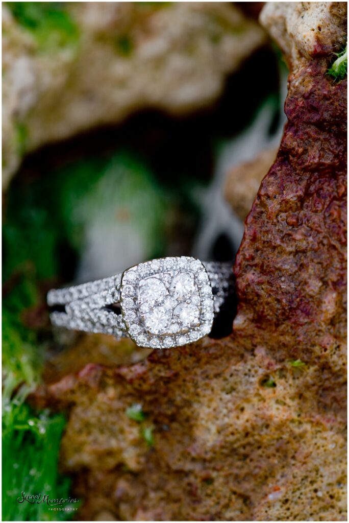 Nikki's engagement ring at their Florida engagement session.