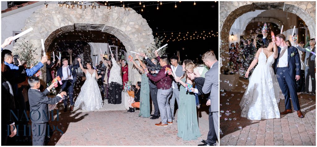 A bubble grand exit at Villa Antonia, one of the best Austin wedding venues.