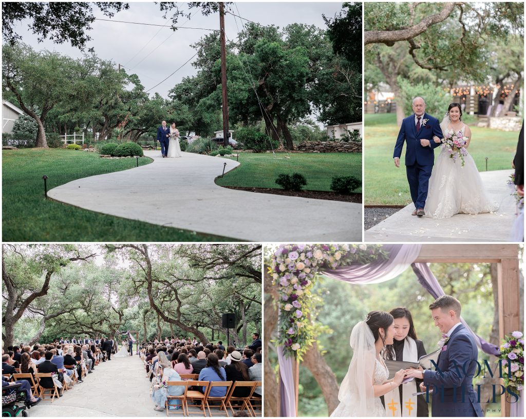 The bride walking down the aisle to her groom outside at the Addison Grove.