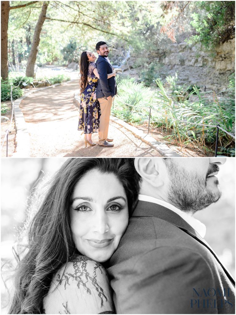 The bride to be holding her fiance from behind at zilker botanical garden.