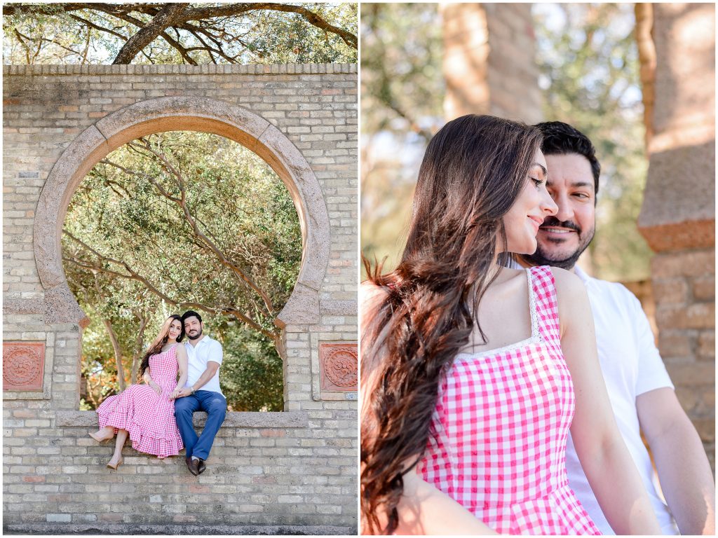 The couple sitting in the keyhole at zilker botanical garden in austin, tx.