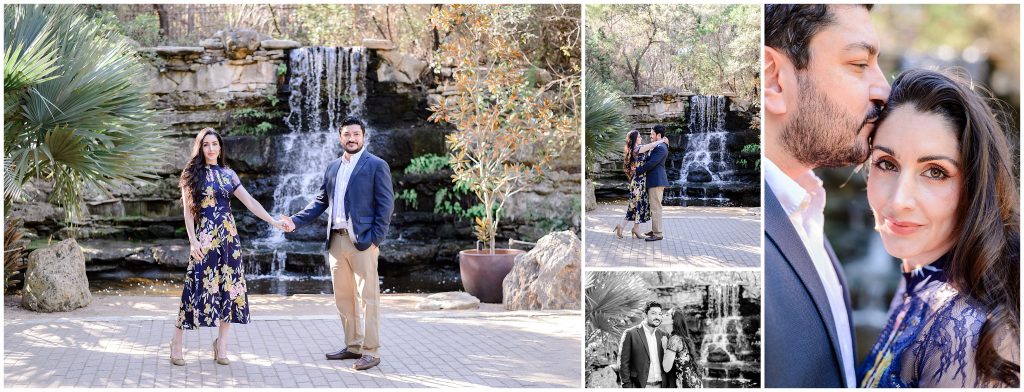 Couple standing in front of the waterfall at Zilker botanical garden in Austin Texas