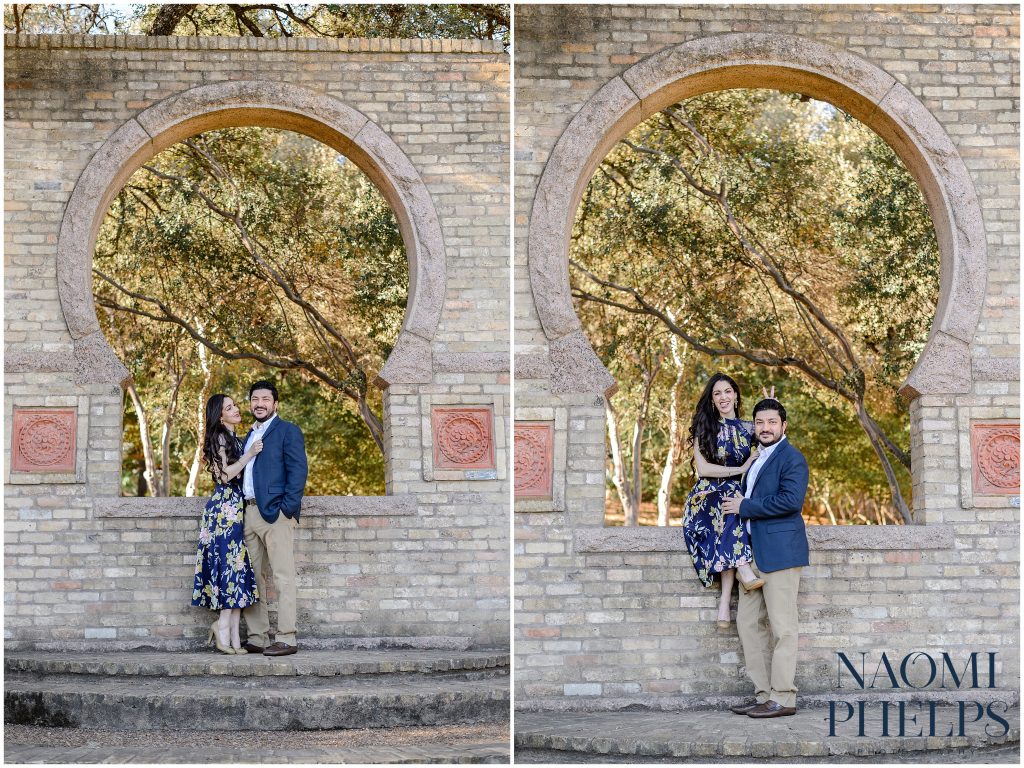 Couple posing at the keyhole at Zilker botanical garden smiling at Austin Texas Photographer