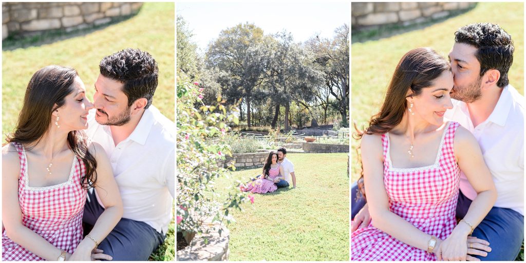 The couple sitting in the rose garden at Zilker botanical garden.