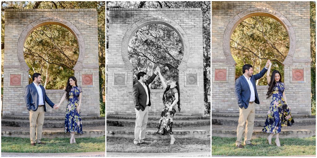 Couple dancing in front of the keyhole at Zilker botanical garden