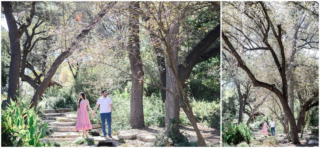 Couple underneath the trees at zilker botanical garden in austin, texas.