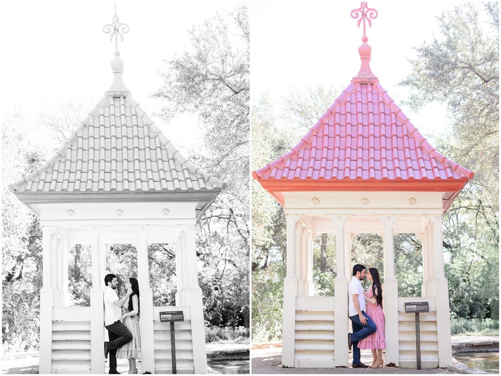 newly engaged couple in a small pagoda at zilker botanical garden.