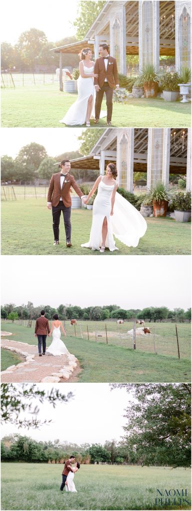 Bride and groom pictures in the fields at Gruene Estate.