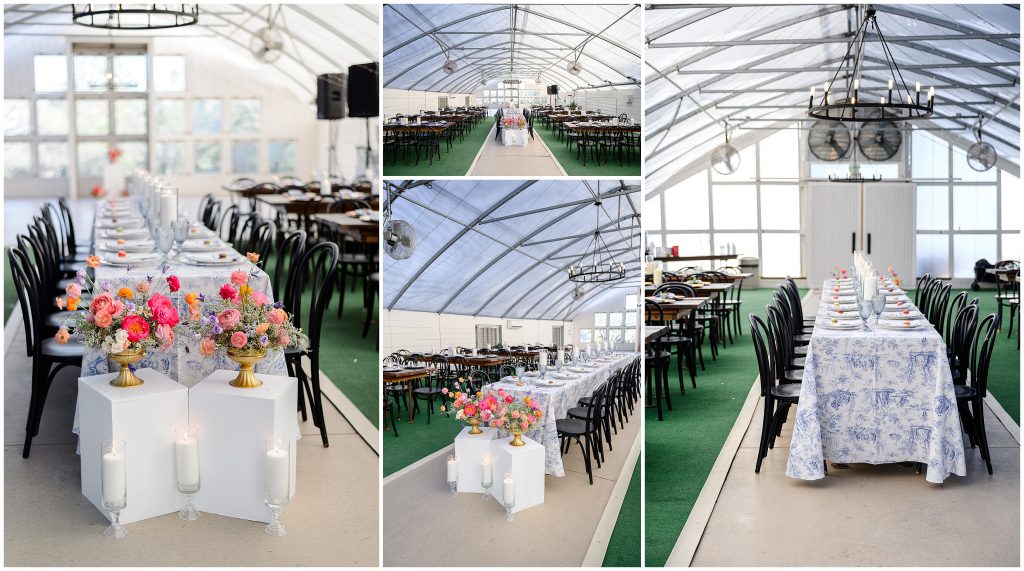 Decorative linen and florals set up for the wedding dinner at Camino Real Ranch.