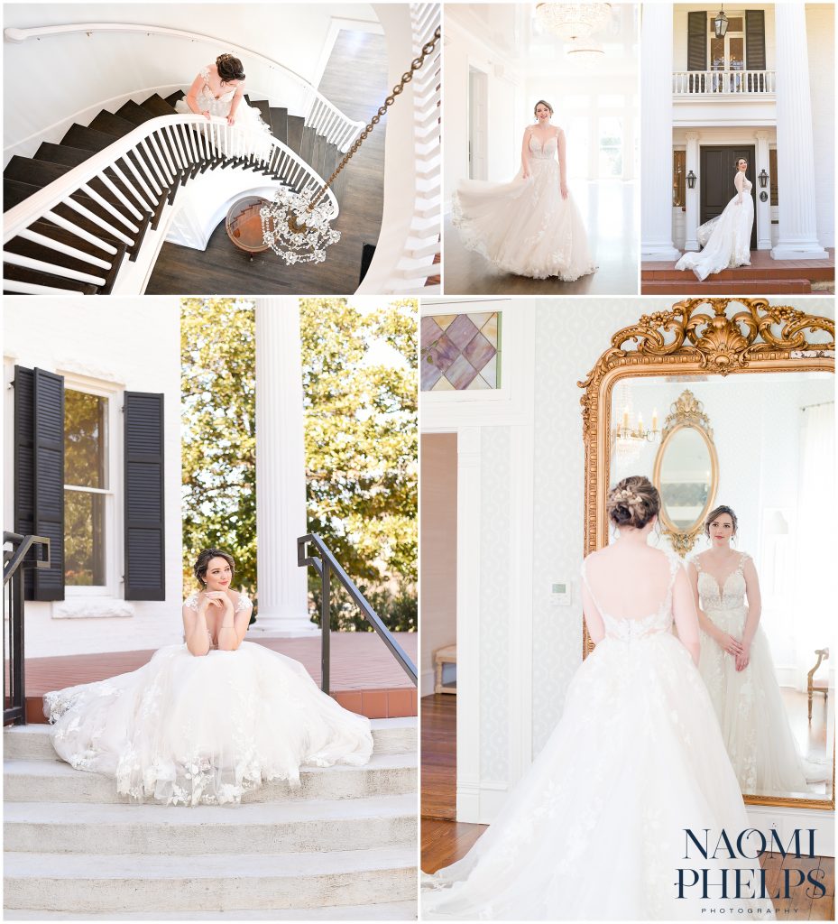 The bride posing on the staircase and in front of the mirror at Woodbine Mansion.