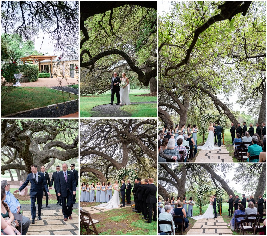 Wedding ceremony underneath the big oak trees at the vineyards.