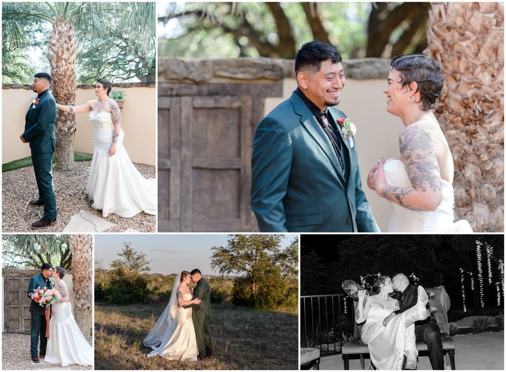 The first look between the bride and groom and nighttime portraits.