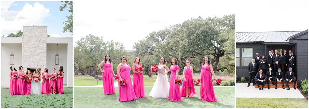 Bridal party wearing all pink and guys wearing all black posing at the Arlo.