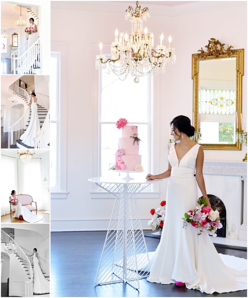 A bride wearing a simple white gown carrying a bright pink bouquet at Woodbine Mansion.