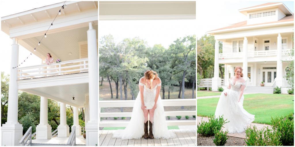 Bride showing off her cowboy boots and dance moves in her wedding gown.