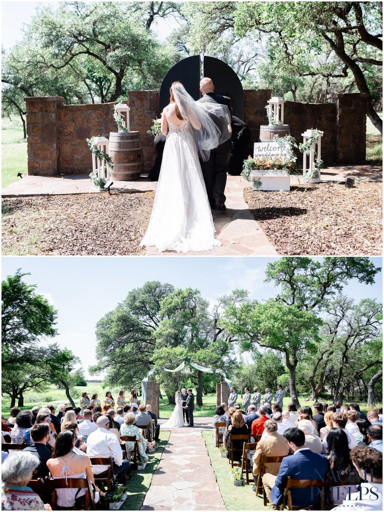 Bride and groom saying their vows outdoors under an arch at Ma Maison.