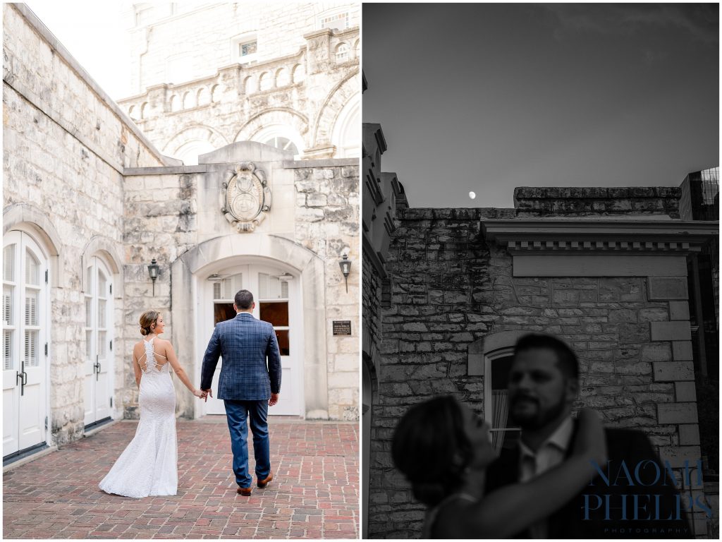 Bride and groom pictures with the moon in focus.