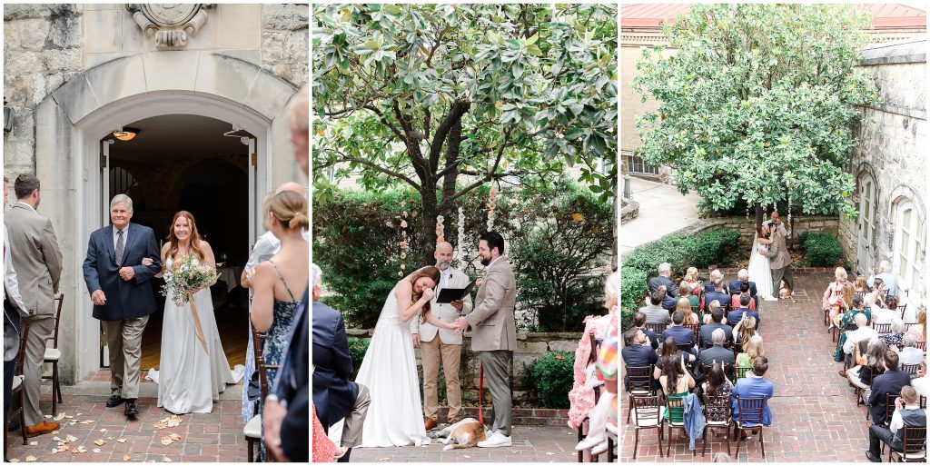 Bride and groom saying their vows in front of the magnolia tree at Chateau Bellevue