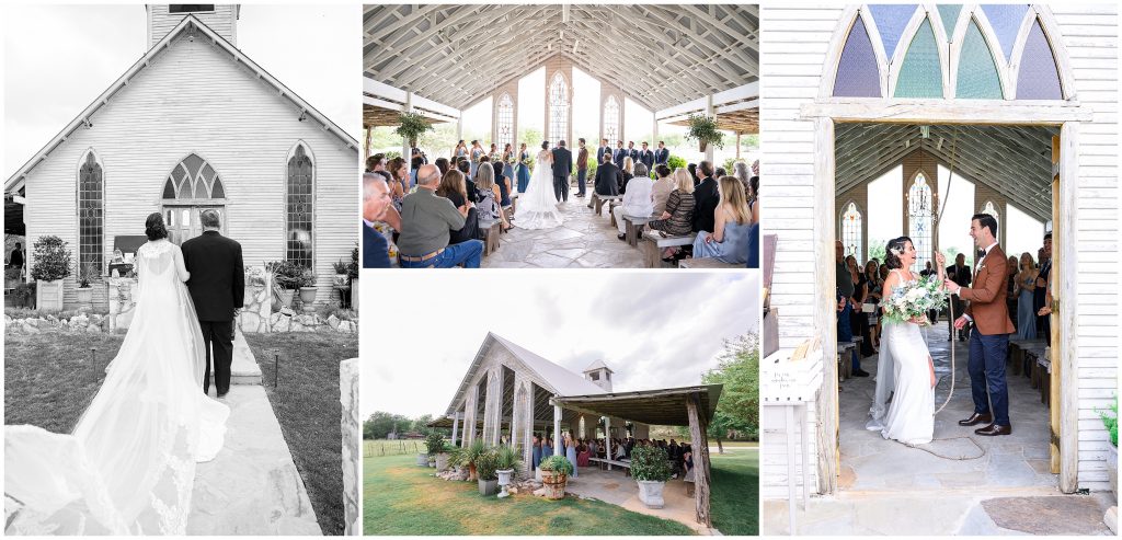 The bride and groom having their ceremony in the rustic chapel at Gruene Estate