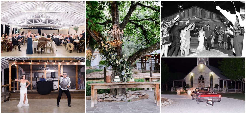 The wedding reception and red mustang exit at Gruene Estate