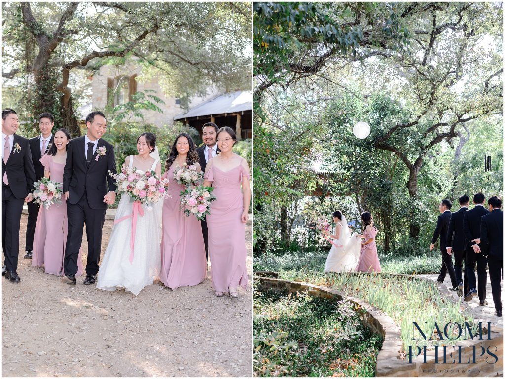 The wedding party wearing pink and walking towards and away from the camera 