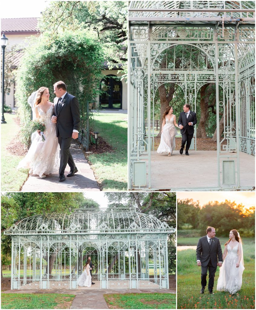 Couple running through green cathedral at Ma Maison
