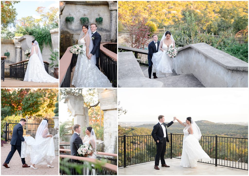 Bride and groom portraits walking around Villa Antonia