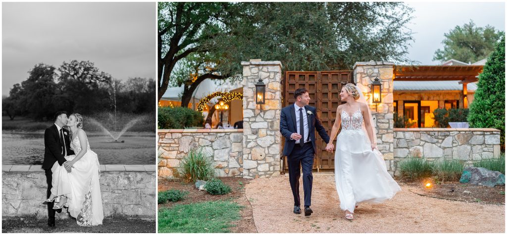 The bride and groom taking pictures at twilight outside in Austin, Texas.