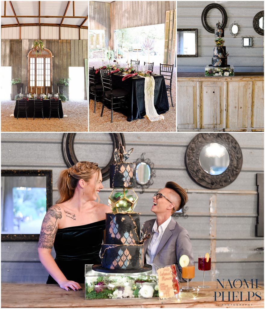 The reception space and wedding cake for the two ladies' wedding day.