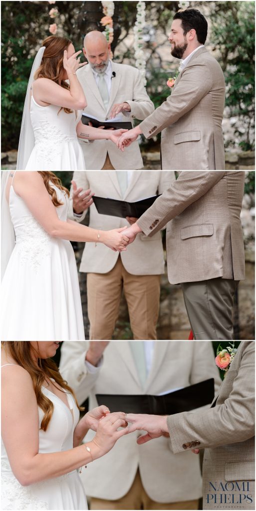 The bride and groom holding hands during their ceremony in Austin, Texas.