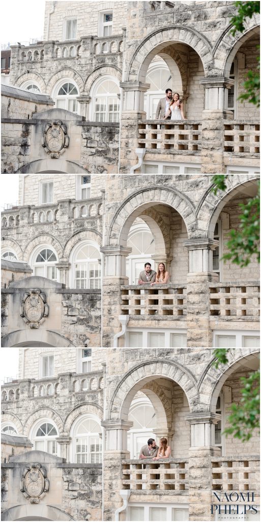 The bride and groom out on the balcony at Chateau Bellevue in Austin.