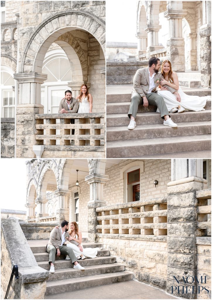 Bride and groom holding each other on the steps of Chateau Bellevue in Austin, Texas.